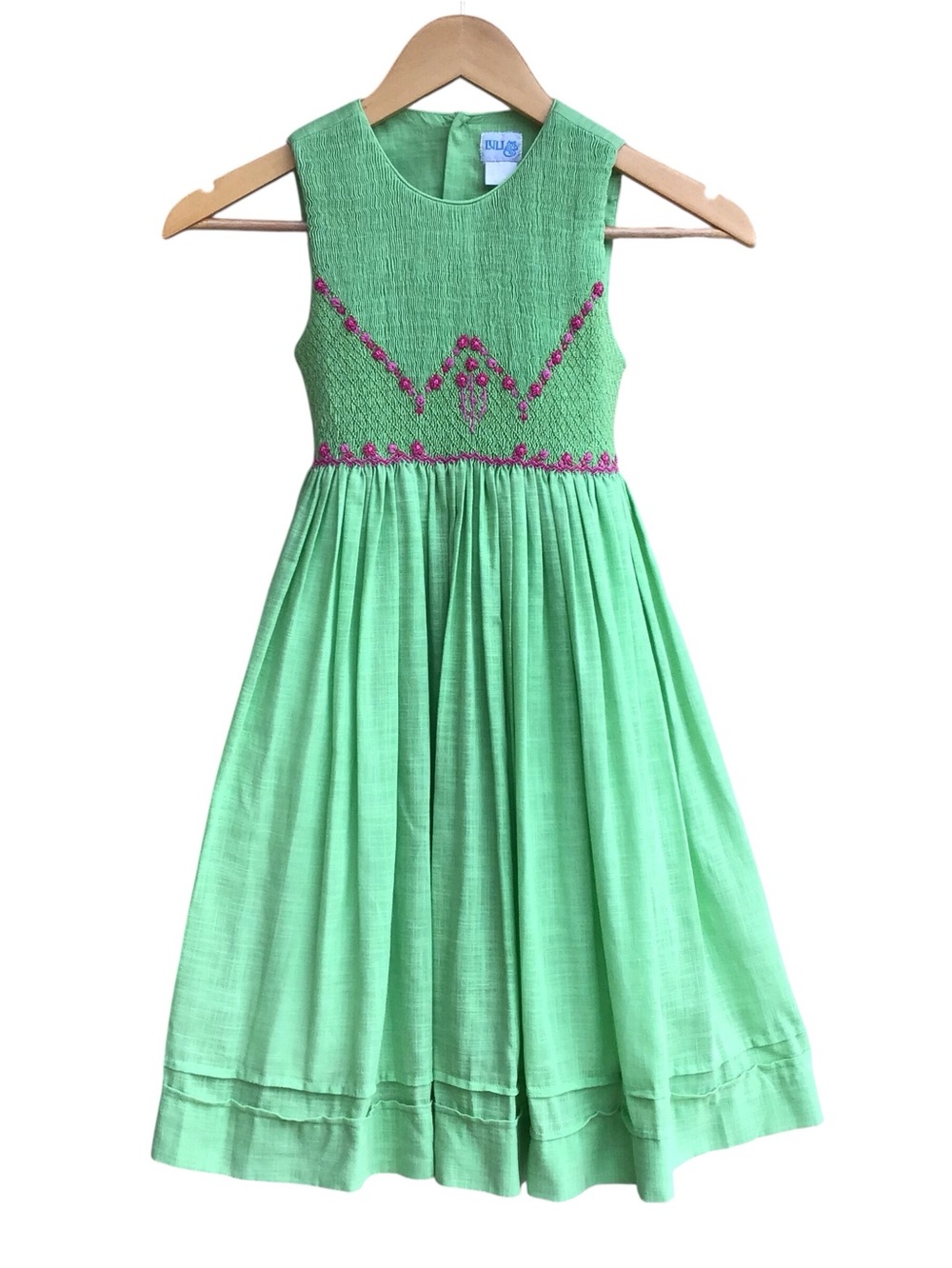 Luli & Me Apple Green Smocked Embroidered Dress